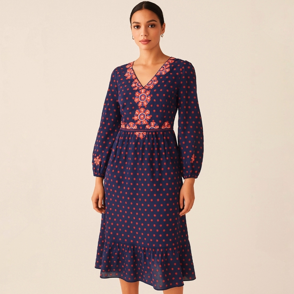 Boden Embroidered Midi Dress Long Sleeve V-neck Peasant Boho Pockets Sz 6 Petite